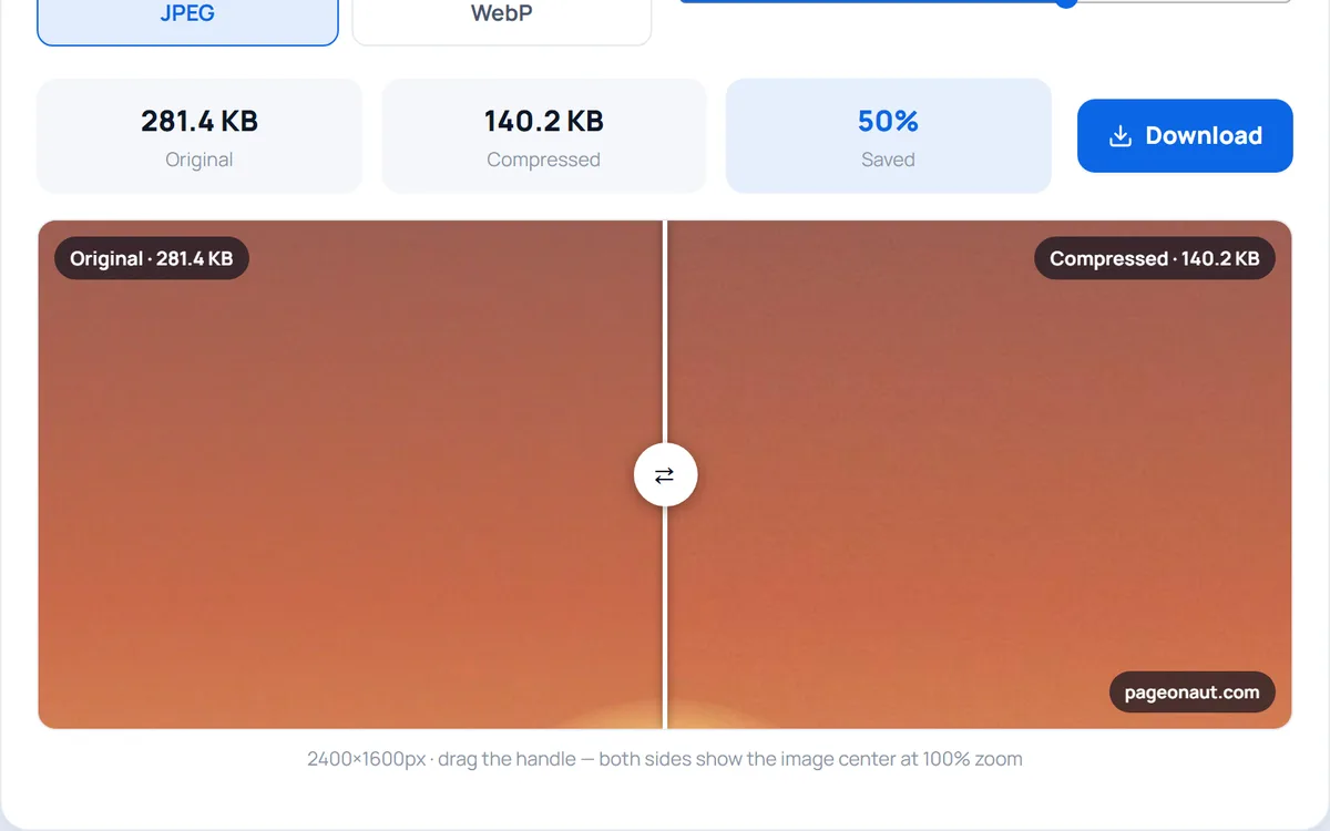 Image Compressor — Compress JPEG and WebP images right in your browser — smaller files, no upload, no quality guesswork.